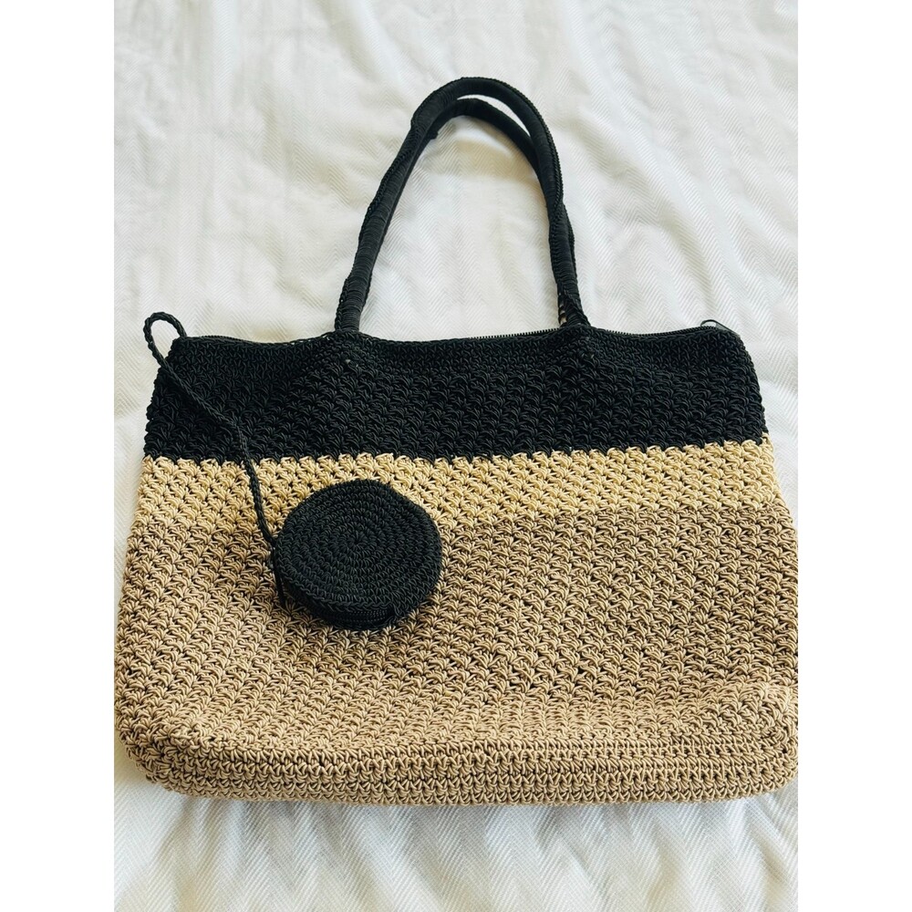 Raffia Crocheted Striped Bag in Black Cream & Tan, Double handle, Medium